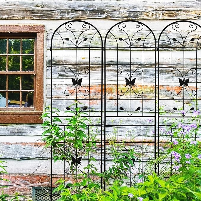 2 Pack Metal Garden Trellis 86.7" Black Fence Rustproof Garden Trellis for Climbing Plants Support Roses Flower Outdoor Lawn, Black