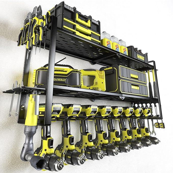 KAFAHOM Power Tool Organizer for Tool Storage, 8 Drill Holder Wall Mount, Tool Holder and Storage Rack for Garage Organization, Heavy Duty Metal Tool Shelf with Air tool/Screwdriver/Hammer Holder