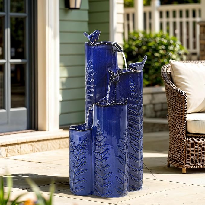 32" H Ceramic Outdoor Water Fountain with LED Lights, 4-Tier Vase Outdoor Fountain, Cobalt Blue Glaze, Embossed Fern Pattern, Cascading Waterfall for Tranquil Garden, Patio, or Porch