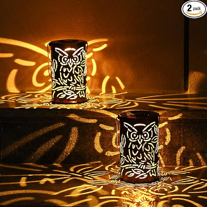 Outdoor Solar Lanterns ,Owls Projection Patterned Outdoor Lanterns with Handles LED Solar Light Outdoor Waterproof Garden Lights for Garden,Yard, Table, Pathway(2 /Bronze)