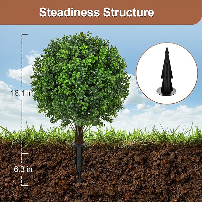 22" Artificial Boxwood Topiary Ball Trees with Ground Spike Set of 2 - UV Resistant Faux Green Shrubs & Bushes Potted Plants for Outdoor Indoor Front Porch Garden