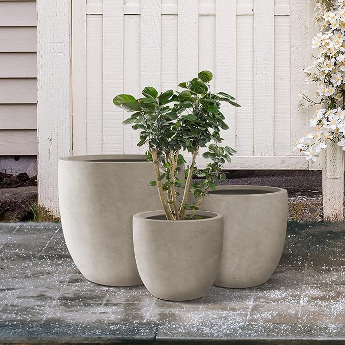 Kante 18",14",10" Dia Concrete Round Planters (Set of 3), Outdoor Indoor Large Planter Pots with Drainage Hole and Rubber Plug for Home Patio Garden, Buff Concrete