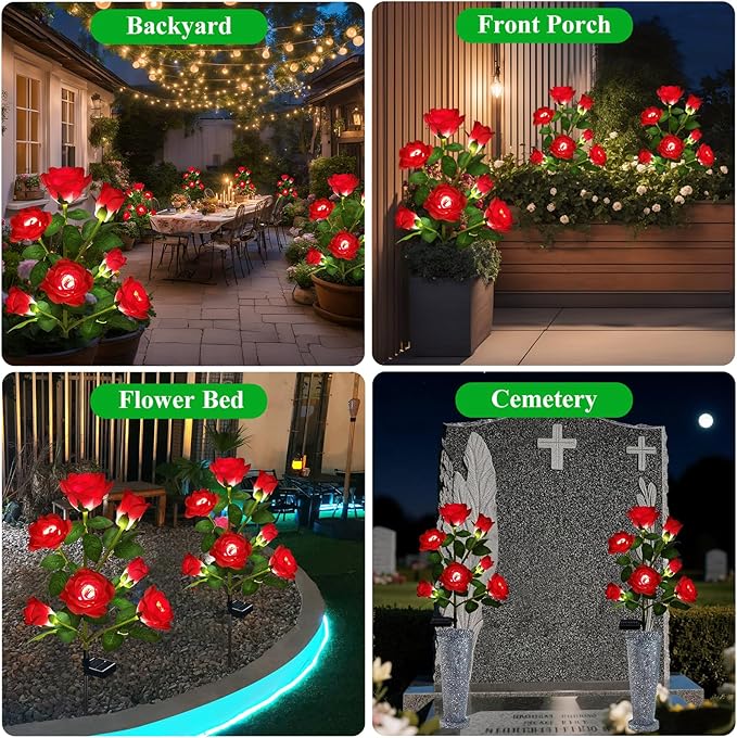 1 Pack Solar Garden Lights Outdoor, 7-Flower Rose Solar Lights for Yard, LED Solar Powered Stake Lights for Patio Pathway Lawn Fence Cemetery, Red