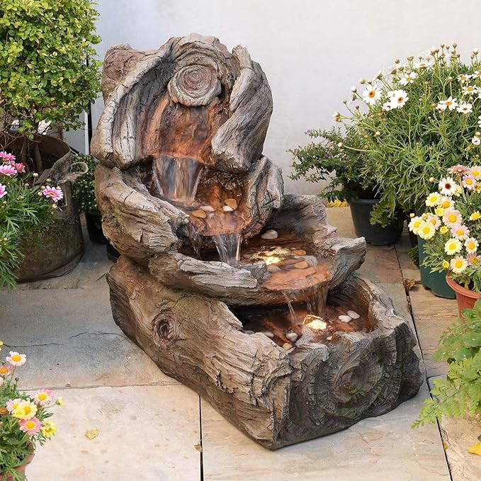 31.5" L Garden Water Fountain Outdoor, Artifical Imitation Wood Outdoor Water Fountain Natural Waterfall with LED Lights for Patio,Porch,Backyard,Home Art Decor(Resin)