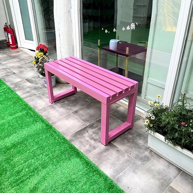 Weatherproof Metal Dining Bench, Outdoor Bench Backless Patio Bench 2-Person Farmhouse Bench Garden Bench for Kitchen, Living Room, Entryway(Pink,40in)