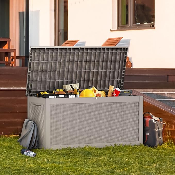 260 Gallon Waterproof Outdoor Storage Box,Large Resin Deck Box,Lockable Outside Storage Box Container for Patio Furniure,Garden,Tools (260 Gallon,Grey)