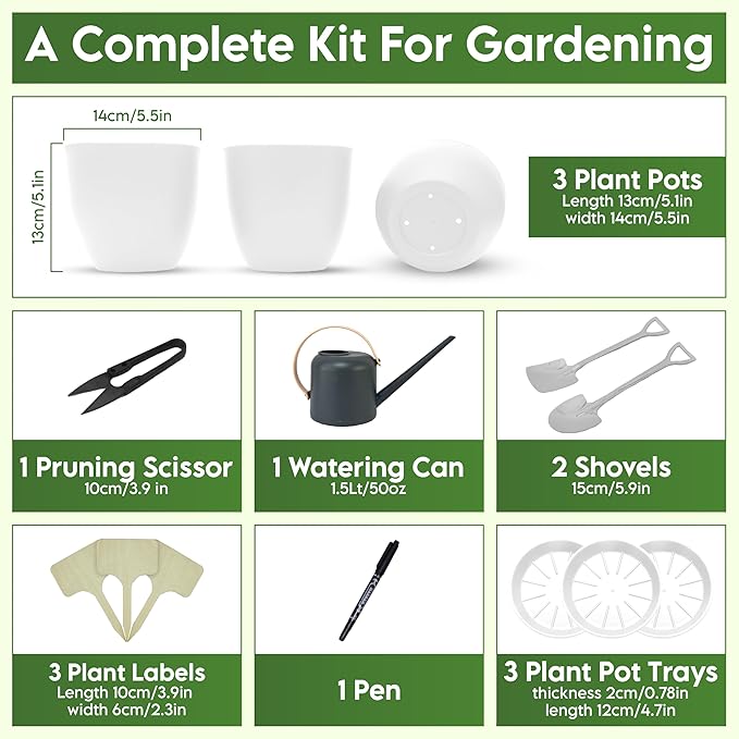 Indoor Garden Kit - Plant Pots with Drainage, Watering Can & Tools - Ideal Windowsill Planter Set - Modern Home & Kitchen Decor Gift - White
