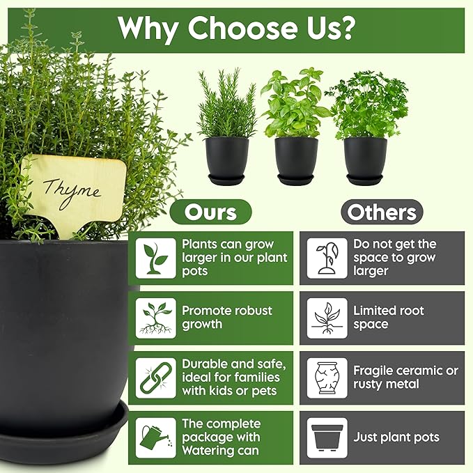 Indoor Garden Kit - Plant Pots with Drainage, Watering Can & Tools - Ideal Windowsill Planter Set - Modern Home & Kitchen Decor Gift - Black