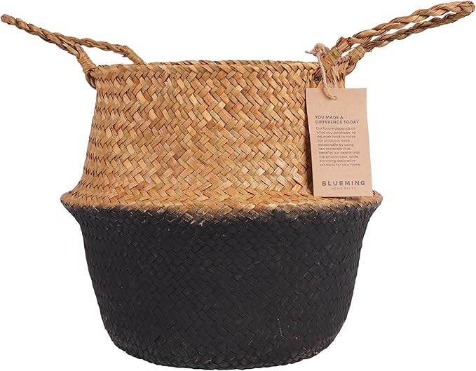 Plant Basket β Small Seagrass Planter Pot for Olive Trees, Woven Wicker Planter 8-9 Inches for Indoor Tall Artificial Plants (Black Bottom, Medium)