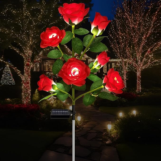 1 Pack Solar Garden Lights Outdoor, 7-Flower Rose Solar Lights for Yard, LED Solar Powered Stake Lights for Patio Pathway Lawn Fence Cemetery, Red