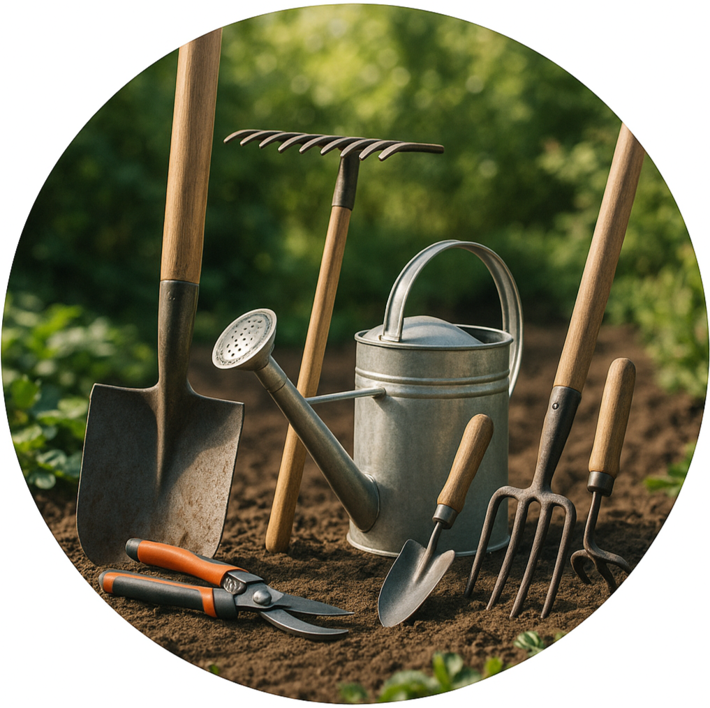 circle photo of garden tools and make it a real photo