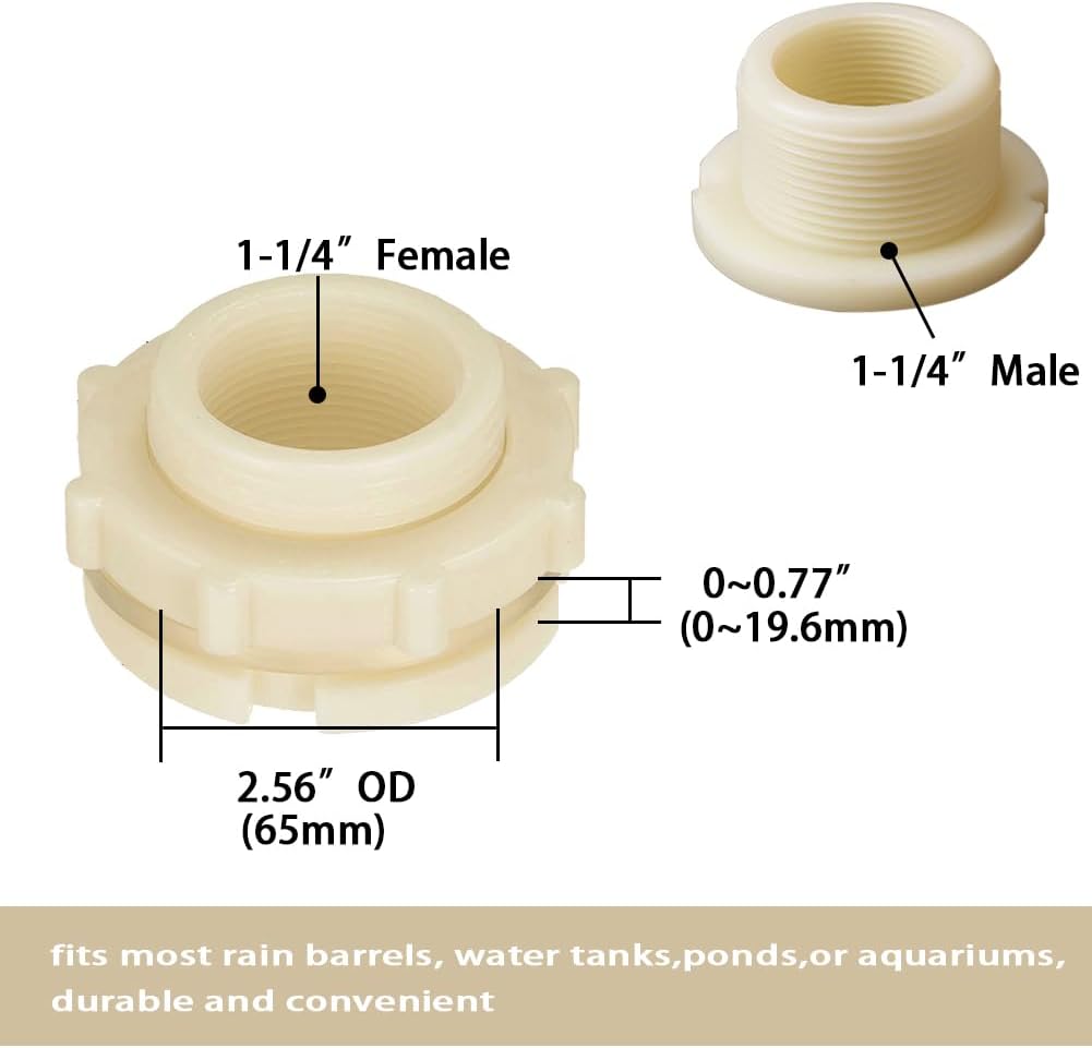 1.25" Female ABS Bulkhead Fitting, Plastic Water Tank Connector Adapter Fitting with Plugs for Outdoor rain Barrel Garden Hose Adapter Spigot kit Water Tank Gallon Drain Bucket(Set of 2)