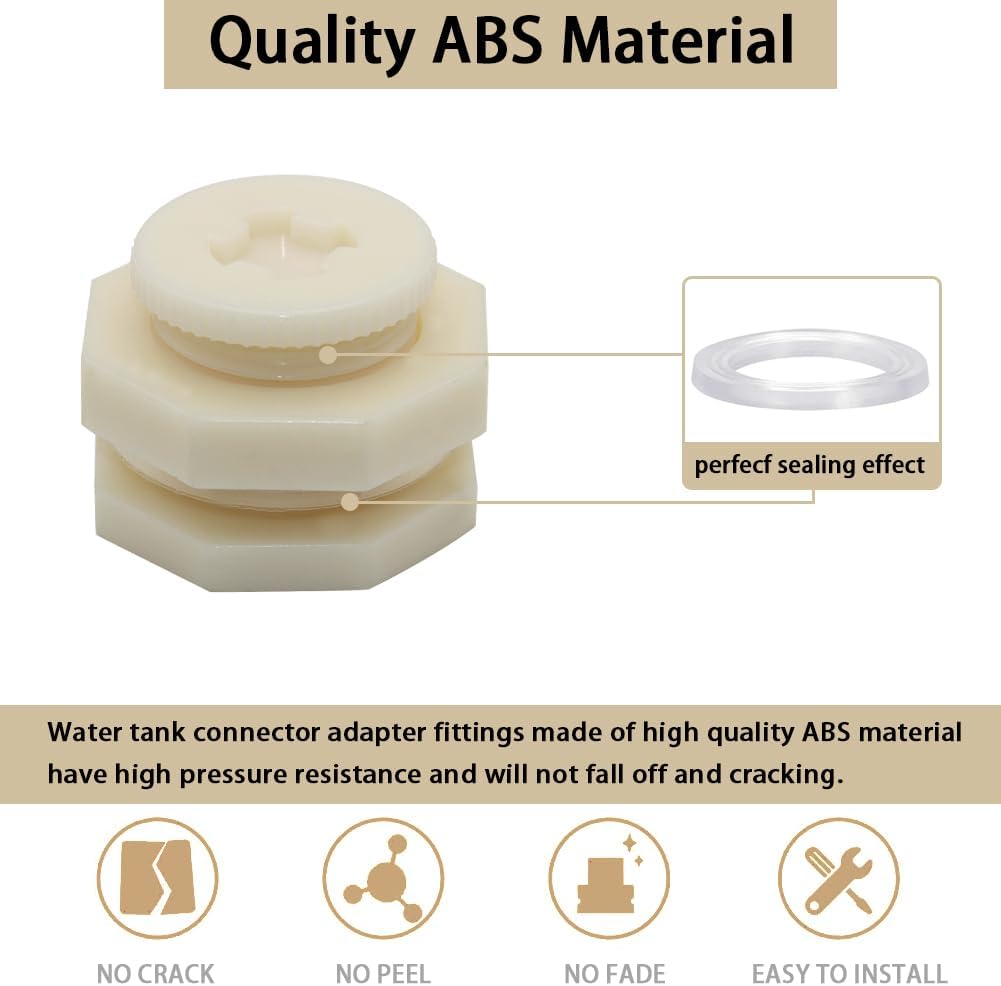 1" Female ABS Bulkhead Fitting, Plastic Water Tank Connector Adapter Fitting with Plugs for Outdoor rain Barrel Garden Hose Adapter Spigot kit Water Tank Gallon Drain Bucket(Set of 4)