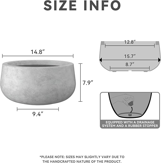 Kante 15.7" Dia Round Concrete Planter, Outdoor Indoor Garden Plant Pots with Drainage Hole and Rubber Plug, Modern Curvaceous Design, Natural Concrete