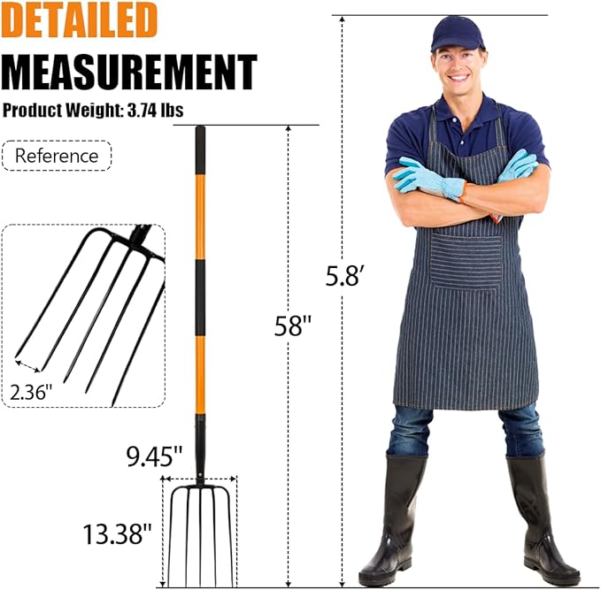 Pitch Fork for Gardening, 5 Tine Pitchfork Heavy Duty with Fiberglass Handle, 58 Inches