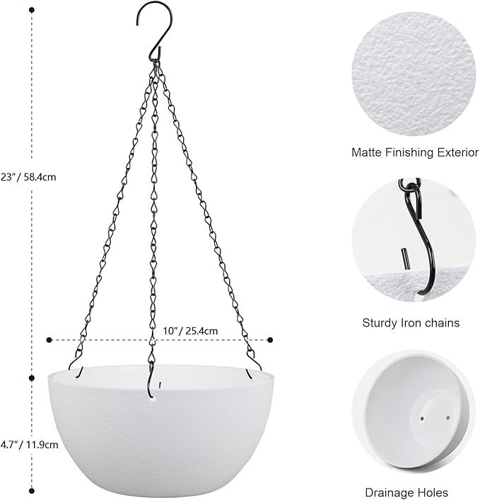 10 inch Hanging Planters for Indoor Outdoor Plants, 2 Pack Hanging Flower Pots with Drainage Holes and Chain for Garden Balcony Porch, Round Plastic Hanging Baskets for House Plants, White