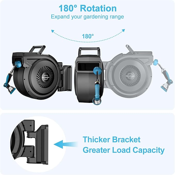 Retractable Garden Hose Reel - 5/8 inch x 80 ft Wall Mounted Hose Reel with 10 Pattern Nozzle & Any Length Lock, Heavy Duty Water Hose Supports Automatic Rewind & 180° Swivel, Black