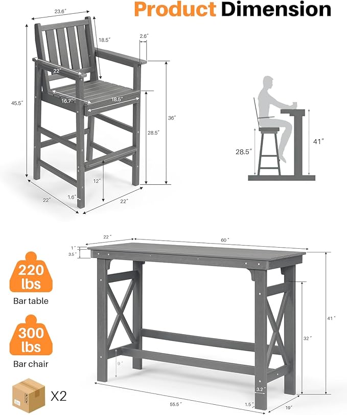 3 Pieces HDPE Outdoor Patio Bar Set, Rectangular Bar Height Table and Chairs Set, Patio Bar Stools Set, HDPE Outdoor Bar Table and Chairs Set for Balcony, Poolside, Porch, Smoke Gray
