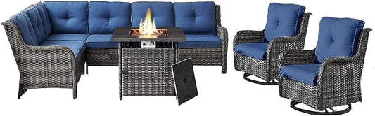 Outdoor Sectional Sofa Furniture Set with Propane Fire Pit Table, Wicker Patio Conversation Set with 2 Swivel Glider Rocker Chairs Blue Cushion Perfect for Backyard Casual Gathering