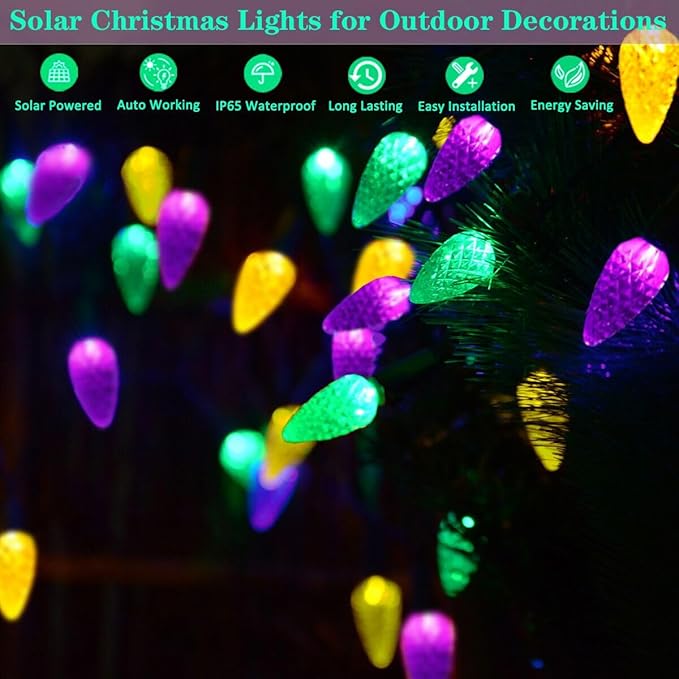 Solar Mardi Gras Lights, Yellow Green Purple Decor Lights, 100 LEDs 8 Modes Waterproof Solar Outdoor C6 Strawberry Garden Lights for Mardi Gras, Camping, Holiday, Arbor, Fence, Balcony Decorations