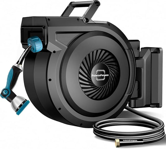 Retractable Garden Hose Reel - 5/8 inch x 70 ft Wall Mounted Hose Reel with 10 Pattern Nozzle & Any Length Lock, Heavy Duty Water Hose Supports Automatic Rewind & 180° Swivel, Black