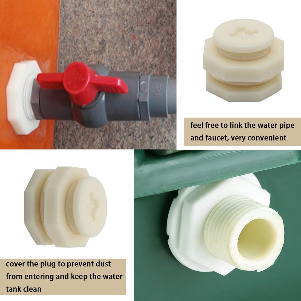 1" Female ABS Bulkhead Fitting, Plastic Water Tank Connector Adapter Fitting with Plugs for Outdoor rain Barrel Garden Hose Adapter Spigot kit Water Tank Gallon Drain Bucket(Set of 2)