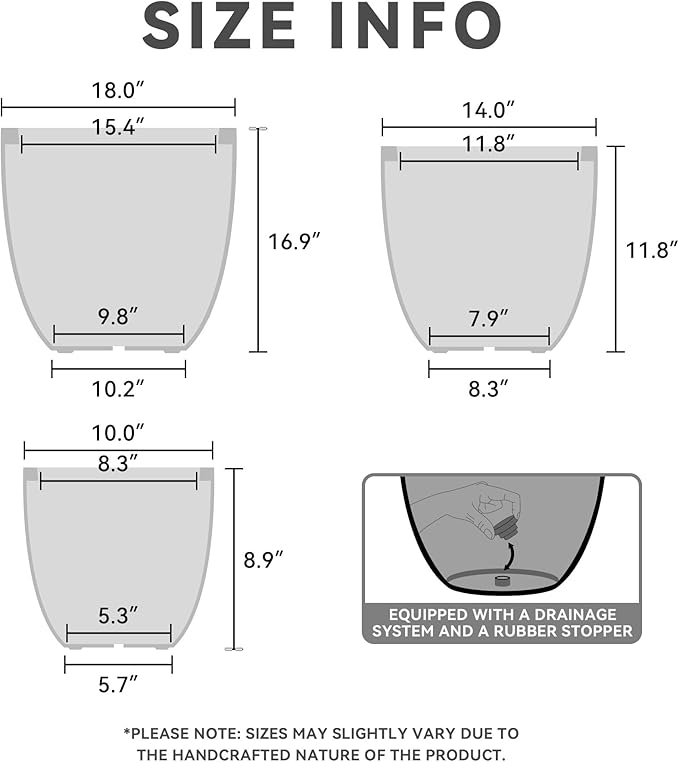 Kante 18",14",10" Dia Concrete Round Planters (Set of 3), Outdoor Indoor Large Planter Pots with Drainage Hole and Rubber Plug for Home Patio Garden, Buff Concrete