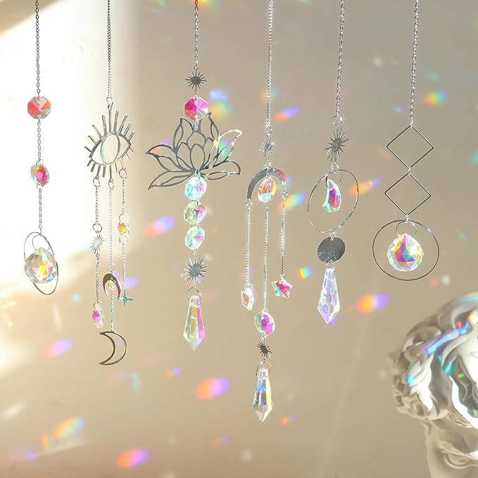 ilclviz Suncatcher Crystal Hanging Sun Catcher Prism with Chain Pendant Ornament Crystal Balls for Window 6 Pieces