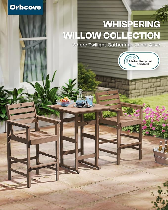 3-Piece Bar Height Patio Table and Chairs Set, HDPE Wood Grain Outdoor Bar Table and Chairs with Heart Cutout Design, Weather-Resistant Bar Height Furniture for Deck, Porch, Pool (Teak)