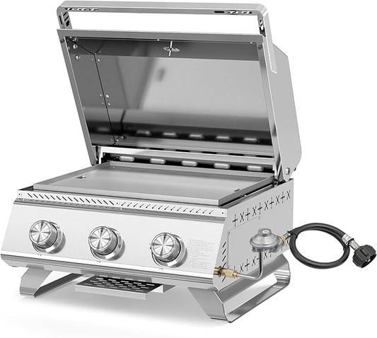 3-Burner 24,000 BTU Portable Flat Top Propane Gas Grill, Heavy-Duty Stainless Steel 2-in-1 Tabletop Grill and Griddle Combo for Commercial BBQ, Outdoor Cooking, Camping,Tailgates & Backyard