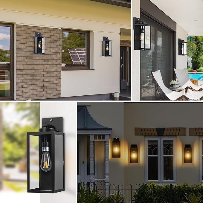 16-inch Dusk to Dawn Outdoor Wall Light Fixture, Large Black Exterior Wall Lantern Waterproof, Farmhouse Porch Sconce Lighting, Modern Wall-Mounted Outside Lights for House Garage, Patio Lamp, 2 Packs