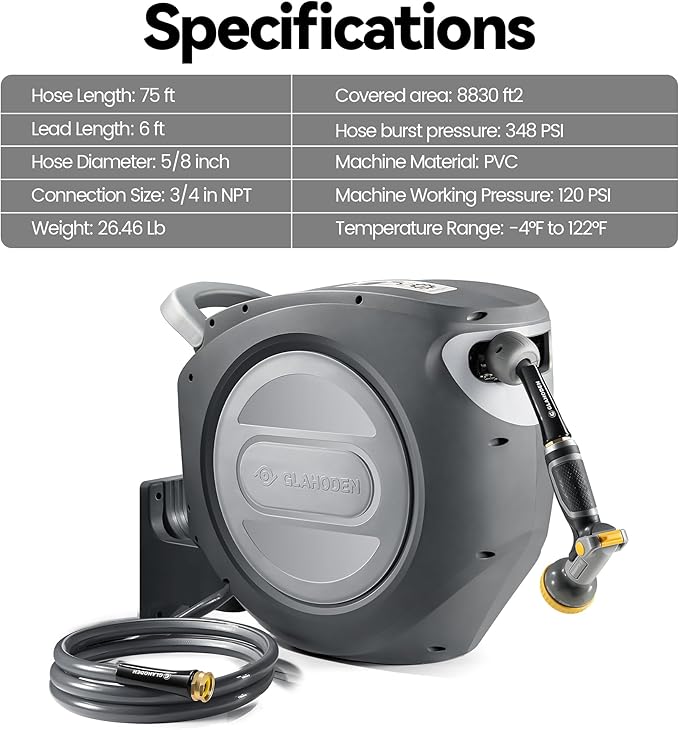 Retractable Garden Hose Reel 5/8 in x 75 ft Upgraded UV Resistant Heavy Duty Automatic Hose Reel Wall Mount 3/4 in Brass Fitting 9 Pattern Nozzle Any Length Lock Slow Retraction 180° Swivel
