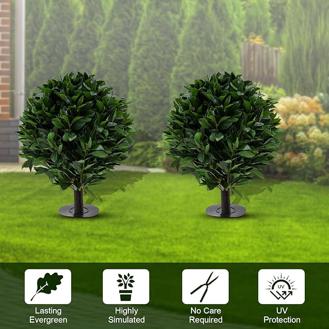24" Outdoor Evergreens in Outdoor Artificial Shrub Potted Plant Plant for Indoor Porch of Home and Office 2 Pieces a Set Topiary Trees Faux Boxwood with Spike. Easy to Push in The Ground