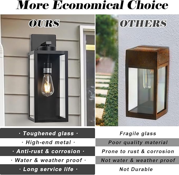 16-inch Large Outdoor Wall Light Fixture, Black Exterior Wall Lantern Waterproof, Farmhouse Porch Sconce Lighting With Glass, Modern Wall-Mounted Outside Lights for House, Garage, Patio Lamp, 2 Packs