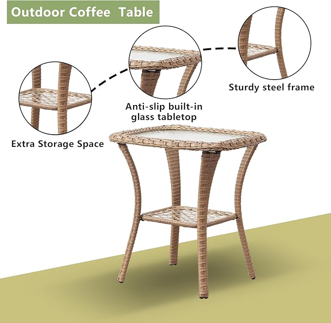 Outdoor Patio Swivel Rocker Chairs - 3 Piece Patio Bistro Set,Wicker Patio Furniture Set with 2 Swivel Rocking Chairs and 1 Glass Top Side Table for Deck Porch Garden,Yellow/Blue