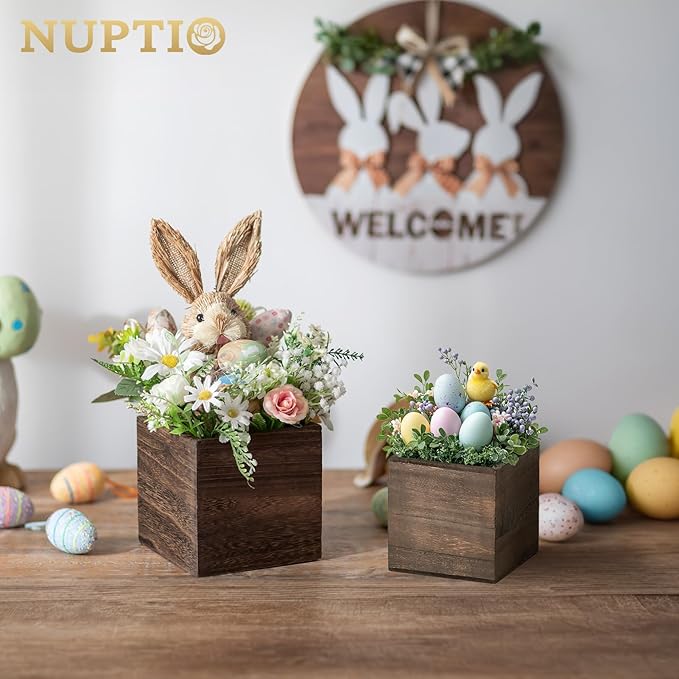 NUPTIO Wooden Box for Centerpiece Wedding: 12 Pcs Rustic Square Planter Box for Christmas Centerpiece Table Fall Decorations - 4×4" & 5×5" Small Wood Vases Flower Pots for Windowsill Home Garden Decor