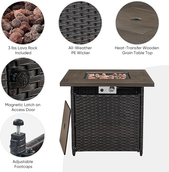Outdoor Sectional Sofa Furniture Set with Propane Fire Pit Table, Wicker Patio Conversation Set with 2 Swivel Glider Rocker Chairs Grey Cushion Perfect for Backyard Casual Gathering