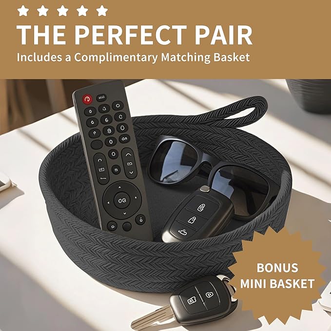 125L Extra Large Blanket Basket, 25" x 16", Jumbo Laundry Woven Baskets Decorative Home, Cotton Rope Basket with Handles, Baby Toy Baskets for Storage, Black, 2PC
