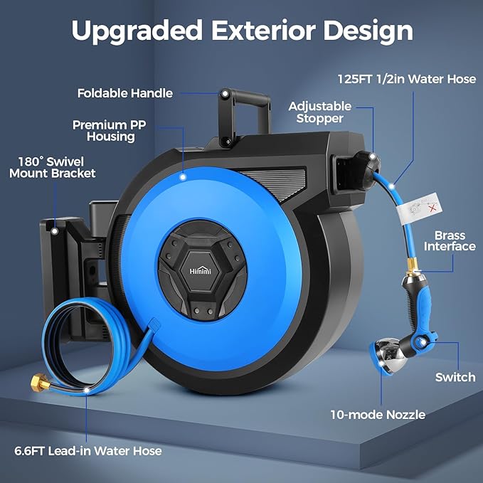 Retractable Garden Hose Reel, 1/2" x 131FT Heavy Duty Automatic Retractable Hose Reel Wall Mount, with 10- Function Sprayer Nozzle, Any Length Lock/Auto Rewind/180°Swivel