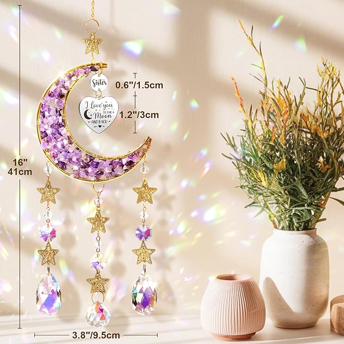 Sisters Gifts from Sister for Sister from Brother, Best Sister Gifts Unique Sister Birthday Gifts for Sister in Law Soul Sister, Moon Crystal Suncatcher for Window Hanging Decor