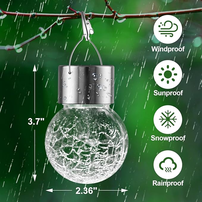 PARTPHONER 12 Pack Hanging Solar Lights Outdoor, Waterproof Solar Globe Lantern with Handle and Clip, Decorative Cracked Glass Ball Lights for Christmas Decor, Tree, Yard, Garden, Patio (Cold White)