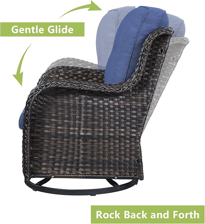 Outdoor Patio Swivel Rocker Chairs - Single Wicker Rattan Patio Swivel Rocking Chair with High Back,Deep Seating and Comfort Cushions for Deck Porch Garden,Brown/Blue