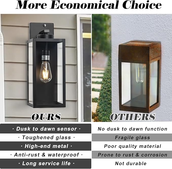 16-inch Dusk to Dawn Outdoor Wall Light Fixture, Large Black Exterior Wall Lantern Waterproof, Farmhouse Porch Sconce Lighting, Modern Wall-Mounted Outside Lights for House Garage, Patio Lamp, 2 Packs
