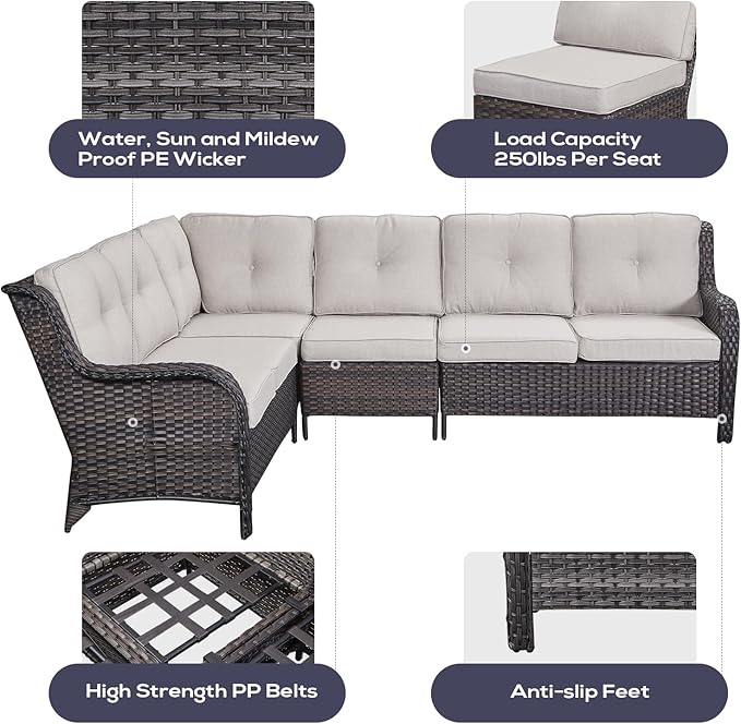 Outdoor Sectional Sofa Furniture Set with Propane Fire Pit Table, Wicker Patio Conversation Set with 2 Swivel Glider Rocker Chairs Beige Cushion Perfect for Backyard Casual Gathering