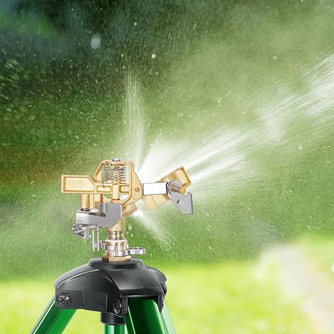 Impact Sprinklers on Tripod Base,Heavy Duty Lawn Sprinkler for Yard with 360 Degree Large Area Coverage Irrigation,Brass Sprinklers with Adjustable Head Nozzle,3/4Inch Connector Extension Legs