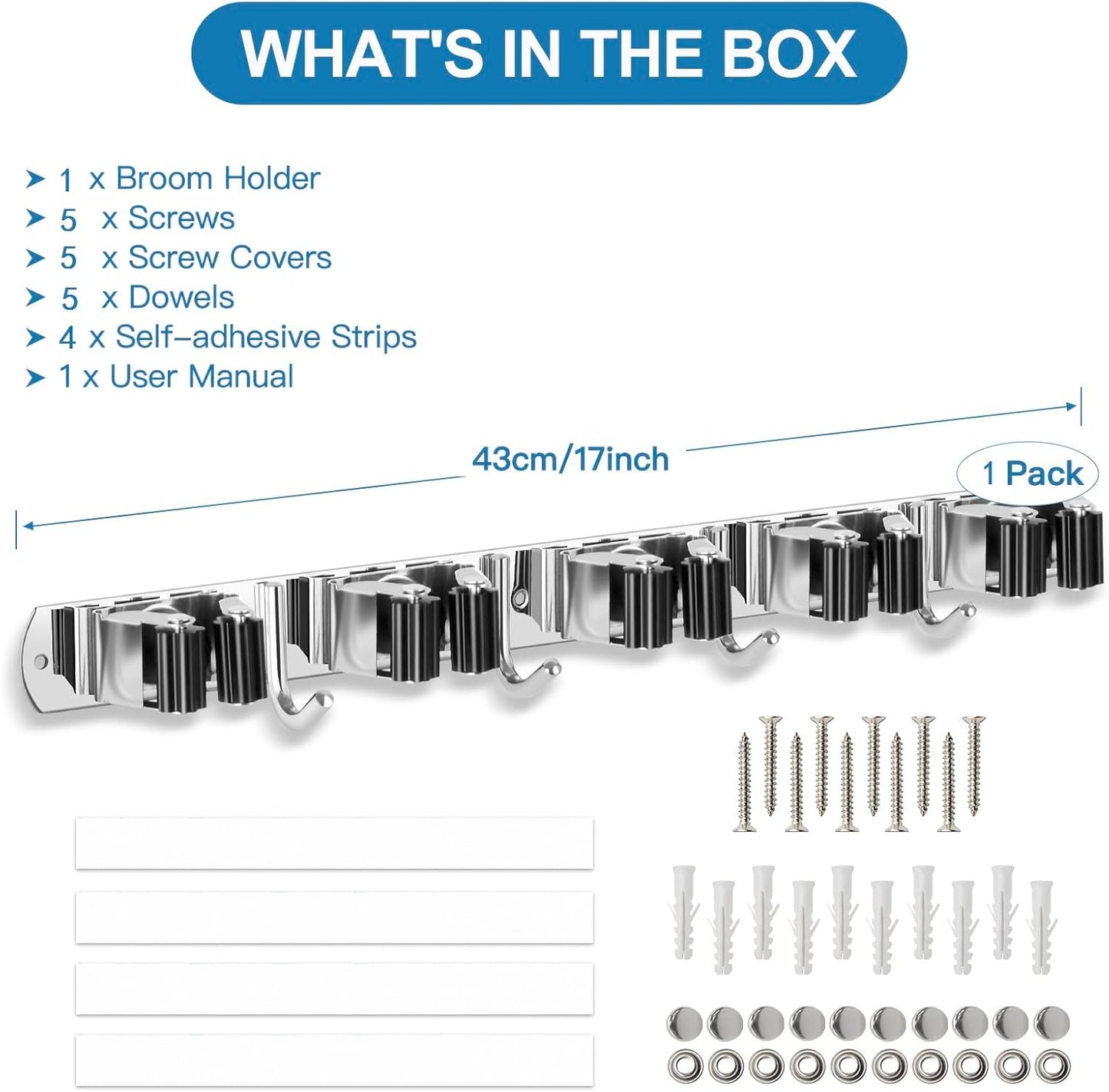 IMILLET Broom Holder Wall Mounted, Stainless Steel Broom Mop Holder Self Adhesive Heavy Duty Hooks Storage Organizer for Home Laundry Room Garden Garage Closet Kitchen 1 Pack（5 Racks with 4 Hooks）