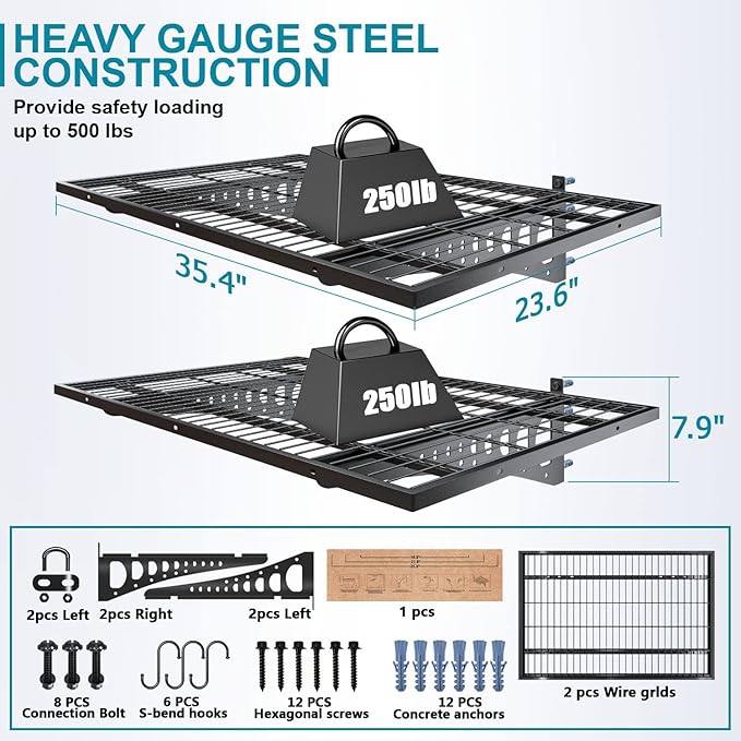 2-Pack 2×3ft Garage Wall Shelving, 24×36 inches Heavy Duty Wall Mounted Shelves, Garage Storage Shelf, 500 lbs Load Capacity, Black