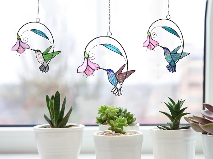 Lolitarcrafts Stained Glass Hummingbird Window Hangings with Flowers, Bird Stained Glass Suncatcher for Window Decor Hummingbird Gifts for Mom,Bird Lovers (Green with Flower A)