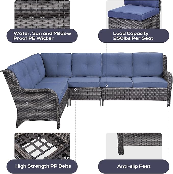 Outdoor Sectional Sofa Furniture Set with Propane Fire Pit Table, Wicker Patio Conversation Set with 2 Swivel Glider Rocker Chairs Blue Cushion Perfect for Backyard Casual Gathering