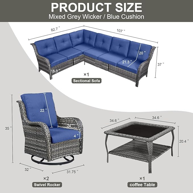Outdoor Furniture Sectional Sofa L Shaped Couch - Patio Wicker Set with 2 Swivel Glider Chairs, 5 Piece Rattan Patio Conversation Sets with Blue Cushion for Deck Backyard Sunroom